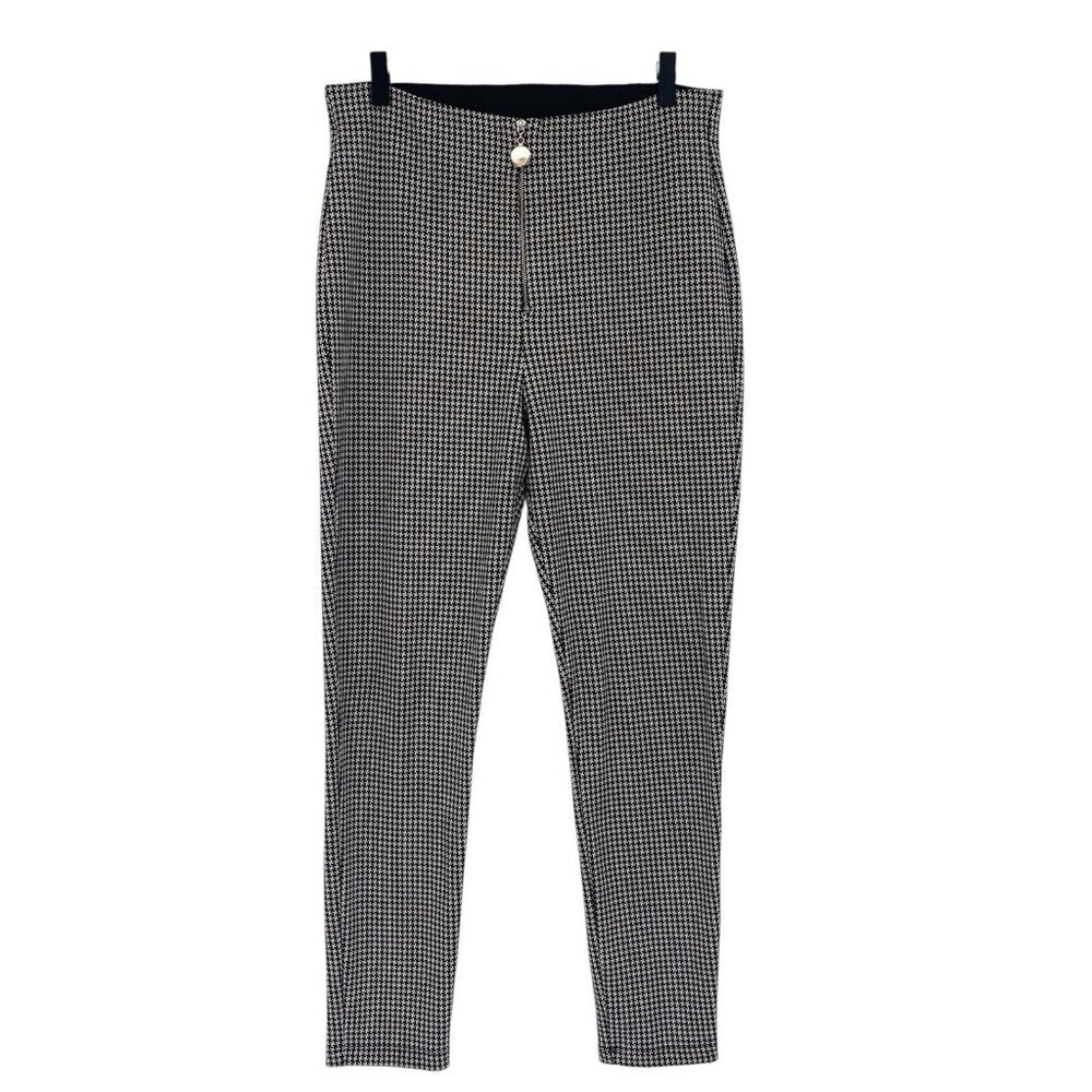 ZARA Womens Size XL Black White Houndstooth Knit Pants Elastic Waist Zip Closure